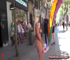 Busty blonde celebrates Pride on the streets