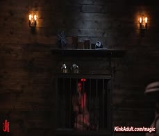 Busty slave Stella Cox dragged from cage and rough fucked