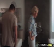 Petite blonde stepmom flirting then riding stepsons big cock