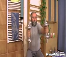 Petite teen fucks oldie and sucks his dick