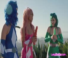 Cosplay girlfriends sharing dildo and cock