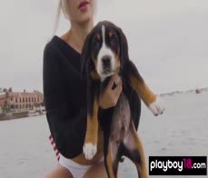 Petite blondie Lennon Elizabeth shows off her tiny boobs on a boat outdoor