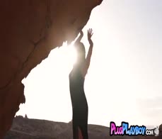 Beautiful Latin model shows hairy pussy and enjoyed outdoor posing action