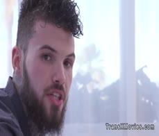 Busty trans gets big cock up his ass on the sofa