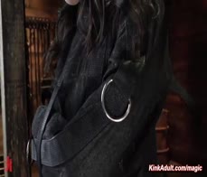 Slave Whitney Wright is restrained in a straitjacket then in doggy position feet tormented