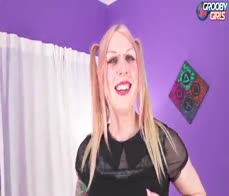 GROOBYGIRLS - Horny blonde with tattoos fucks her ass with dildo while masturbating her cock