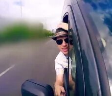 BUMS BUS - Hot German ebony babe rides white cock in the backseat of the van