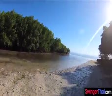 Public beach Asian amateur girlfriend big cock blowjob and pussy fuck