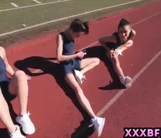 Teen track team chicks having a lesbian party after practice