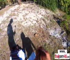 Cute amateur Thai teen Cherry has to fuck a big white cock at the beach