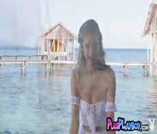 Gorgeous blonde MILF posing on the sea and exposed stunning natural body