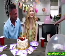 Daisy Lavoy on her knees getting her stepdads cock in her mouth