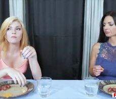 Cute teenie chick having stepmothers muffs for dinner