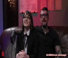 Shemale deep throats tattooed cock to her master