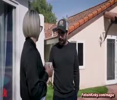 Landscaper fucks stepmom and stepdaughter in bondage threesome