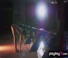 Petite small titted swimmer babe Vi Shy posing naked on the starting block