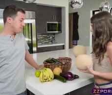 Sexy chick selling her organic produce and her pussy