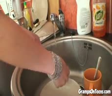 Petite threeway teen on old man cock