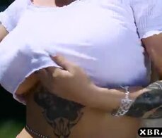 British pornstar MILF with huge boobs fucks in public