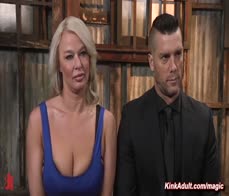 Married blonde with head in cage gets fucked