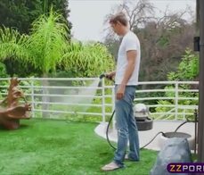 Maid strip down and coat up her luscious tits with soap