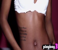 Sweet ebony babe Alicia posed in white lingerie before passion striptease