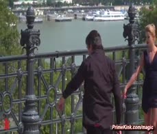 Italian girl Rebecca Volpetti is gagged with ash tray and anal fucked in public