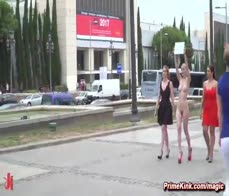 Publicly humiliated and rough fucked shaved head slave Nerea Falco